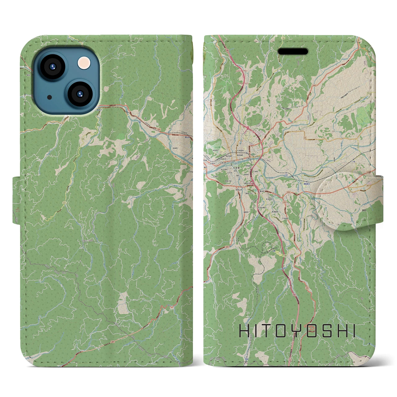 【人吉(熊本県)】地図柄iPhoneケース(手帳タイプ)ナチュラル・iPhone 13 用