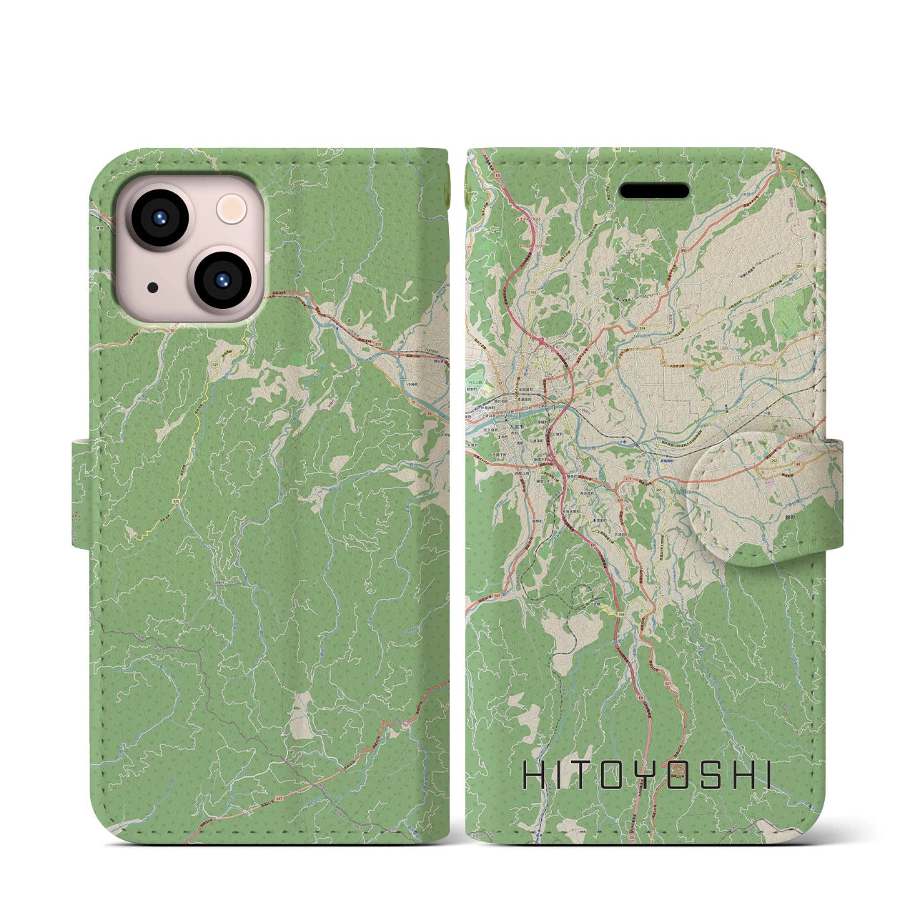 【人吉(熊本県)】地図柄iPhoneケース(手帳タイプ)ナチュラル・iPhone 13 mini 用