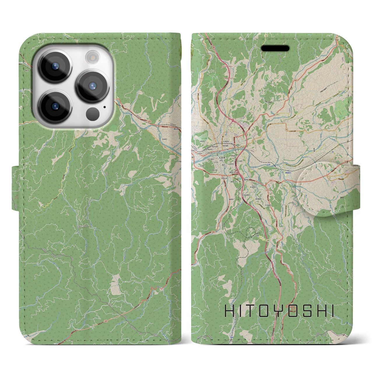 【人吉(熊本県)】地図柄iPhoneケース(手帳タイプ)ナチュラル・iPhone 14 Pro 用