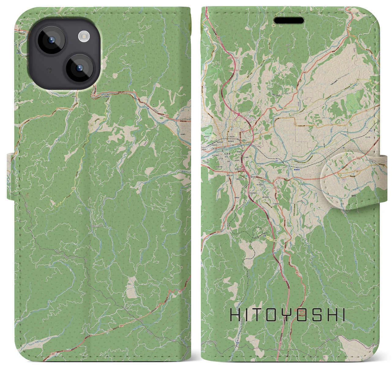 【人吉(熊本県)】地図柄iPhoneケース(手帳タイプ)ナチュラル・iPhone 14 Plus 用