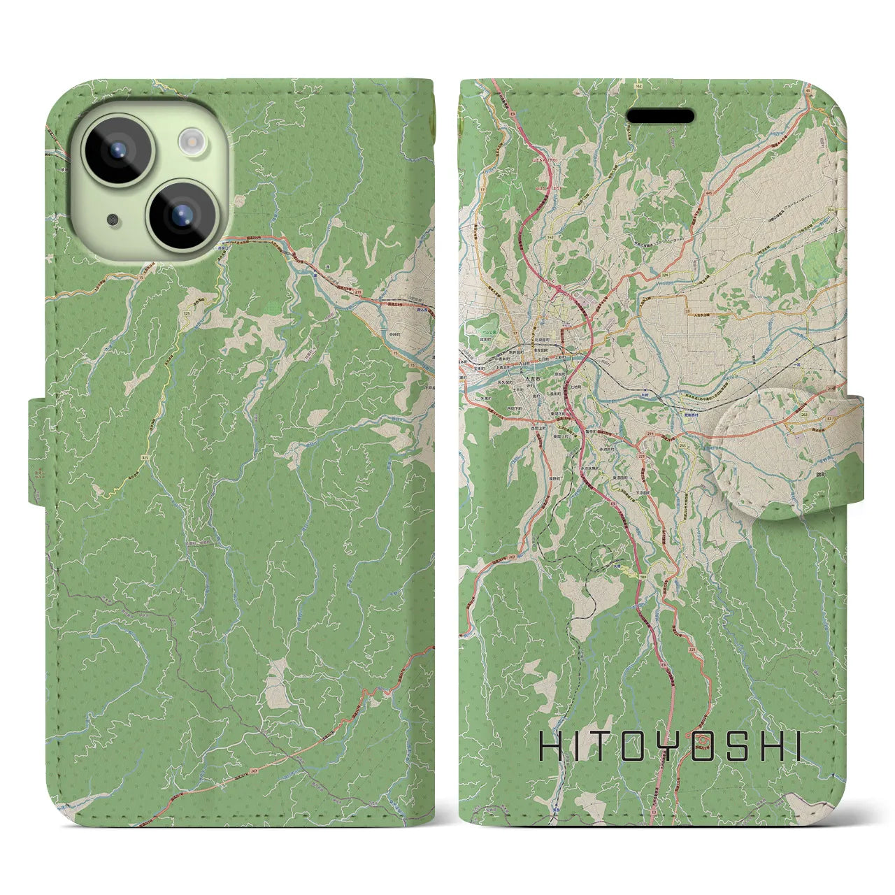 【人吉(熊本県)】地図柄iPhoneケース(手帳タイプ)ナチュラル・iPhone 15 用