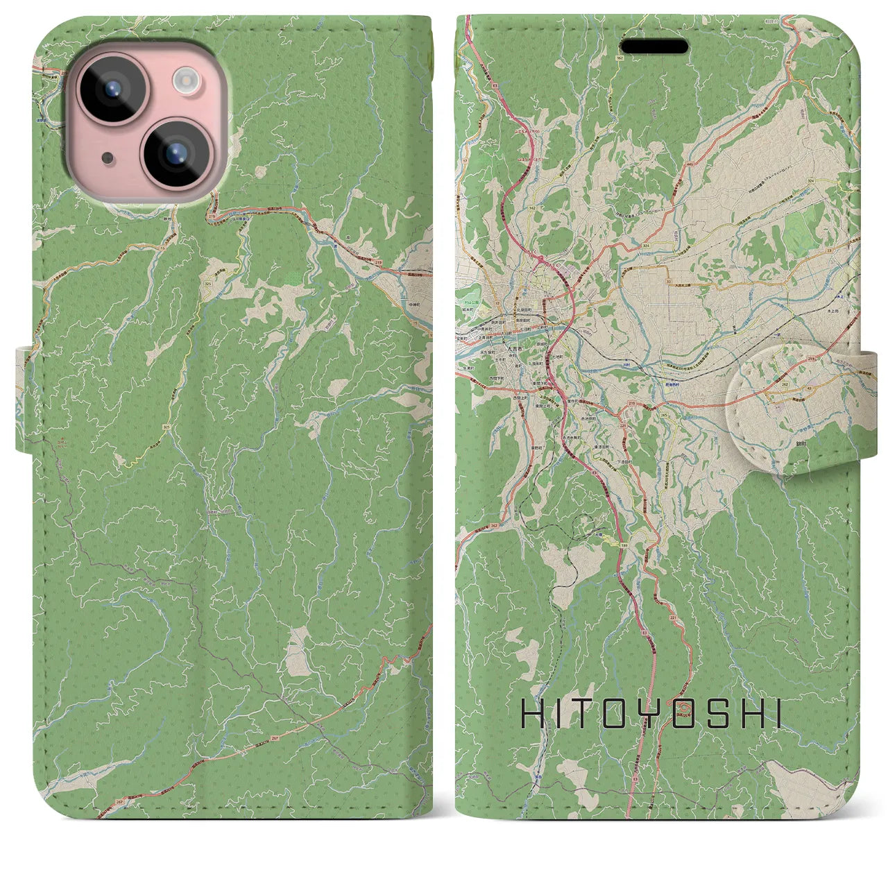 【人吉(熊本県)】地図柄iPhoneケース(手帳タイプ)ナチュラル・iPhone 15 Plus 用