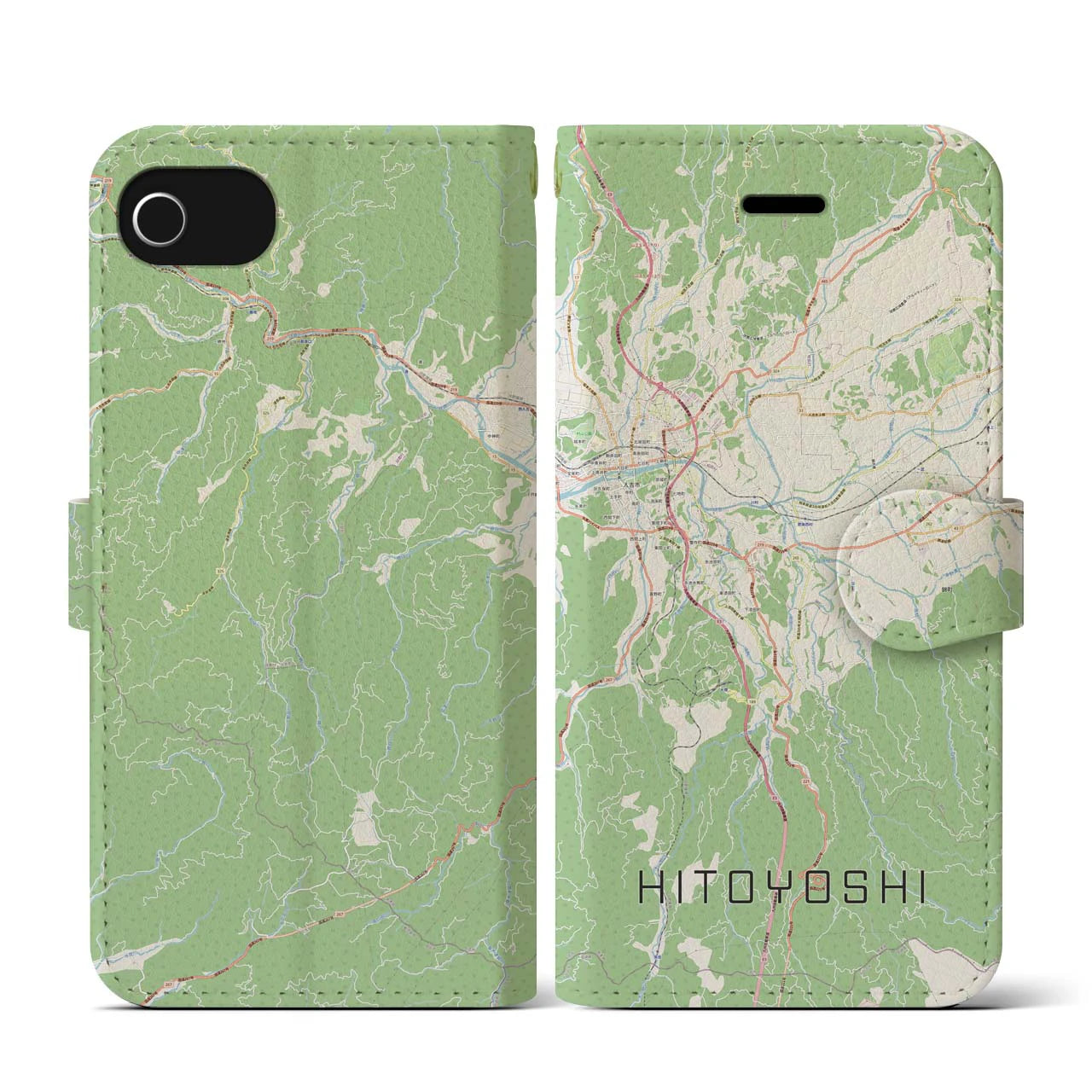 【人吉(熊本県)】地図柄iPhoneケース(手帳タイプ)ナチュラル・iPhone SE(第3 / 第2世代) / 8 / 7 / 6s / 6 用
