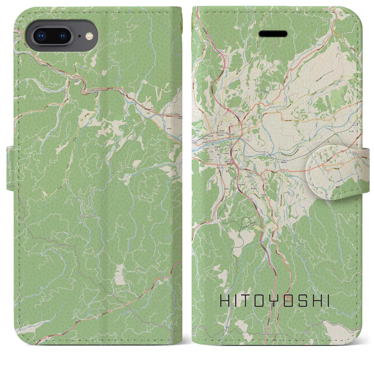 【人吉(熊本県)】地図柄iPhoneケース(手帳タイプ)ナチュラル・iPhone 8Plus /7Plus / 6sPlus / 6Plus 用