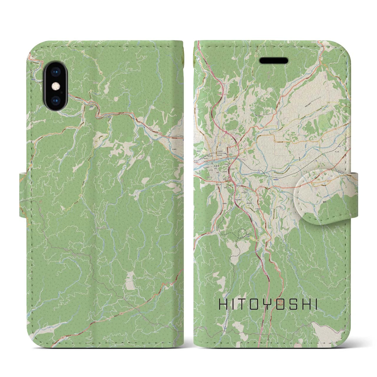 【人吉(熊本県)】地図柄iPhoneケース(手帳タイプ)ナチュラル・iPhone XS / X 用