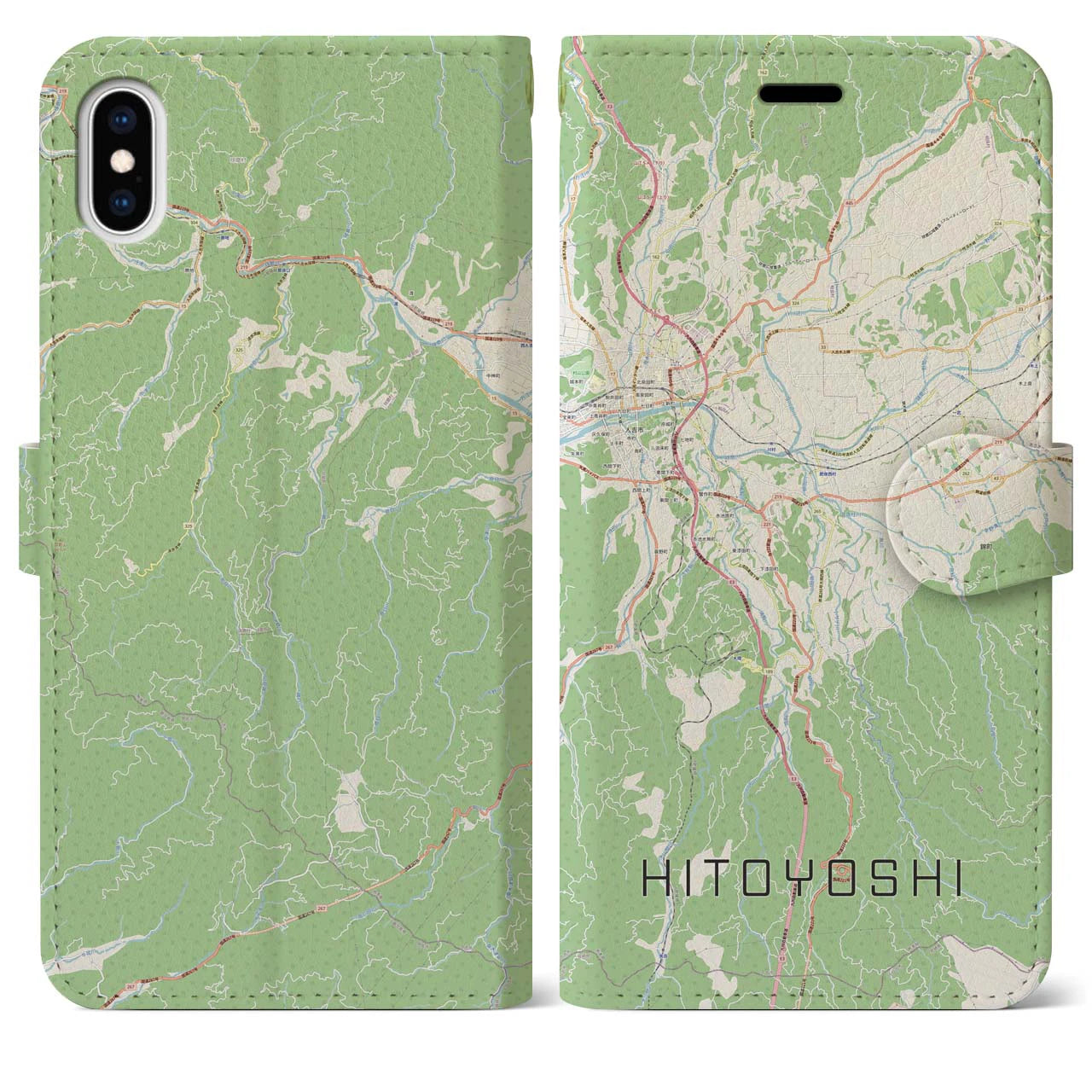 【人吉(熊本県)】地図柄iPhoneケース(手帳タイプ)ナチュラル・iPhone XS Max 用