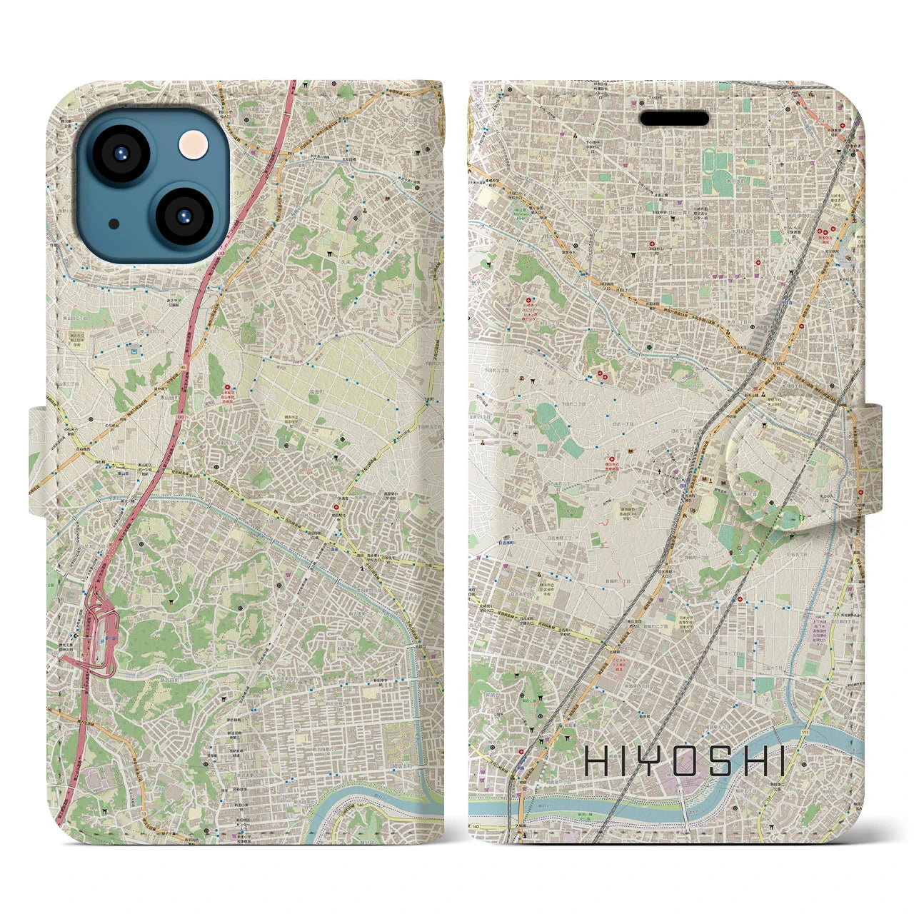 【日吉(神奈川県)】地図柄iPhoneケース(手帳タイプ)ナチュラル・iPhone 13 用