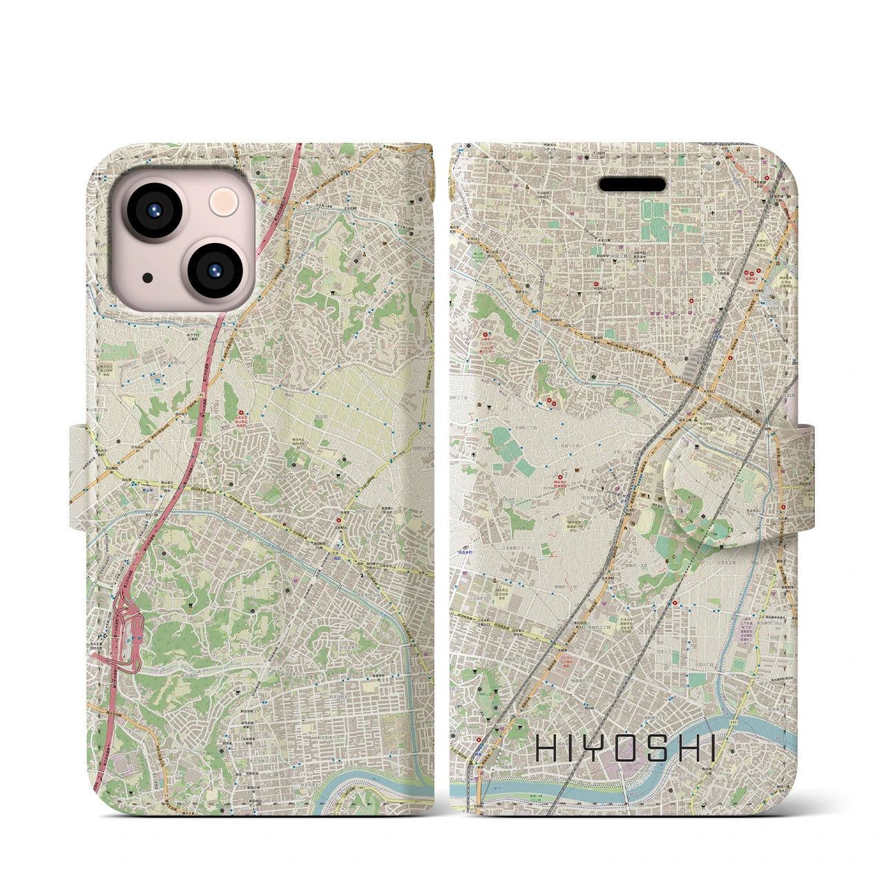 【日吉(神奈川県)】地図柄iPhoneケース(手帳タイプ)ナチュラル・iPhone 13 mini 用