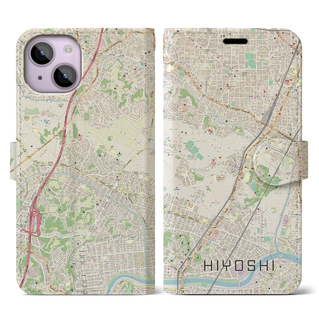 【日吉(神奈川県)】地図柄iPhoneケース(手帳タイプ)ナチュラル・iPhone 14 用