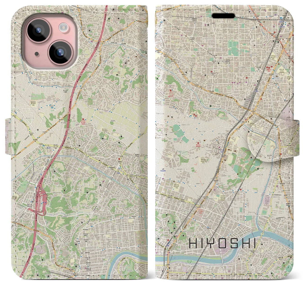 【日吉(神奈川県)】地図柄iPhoneケース(手帳タイプ)ナチュラル・iPhone 15 Plus 用
