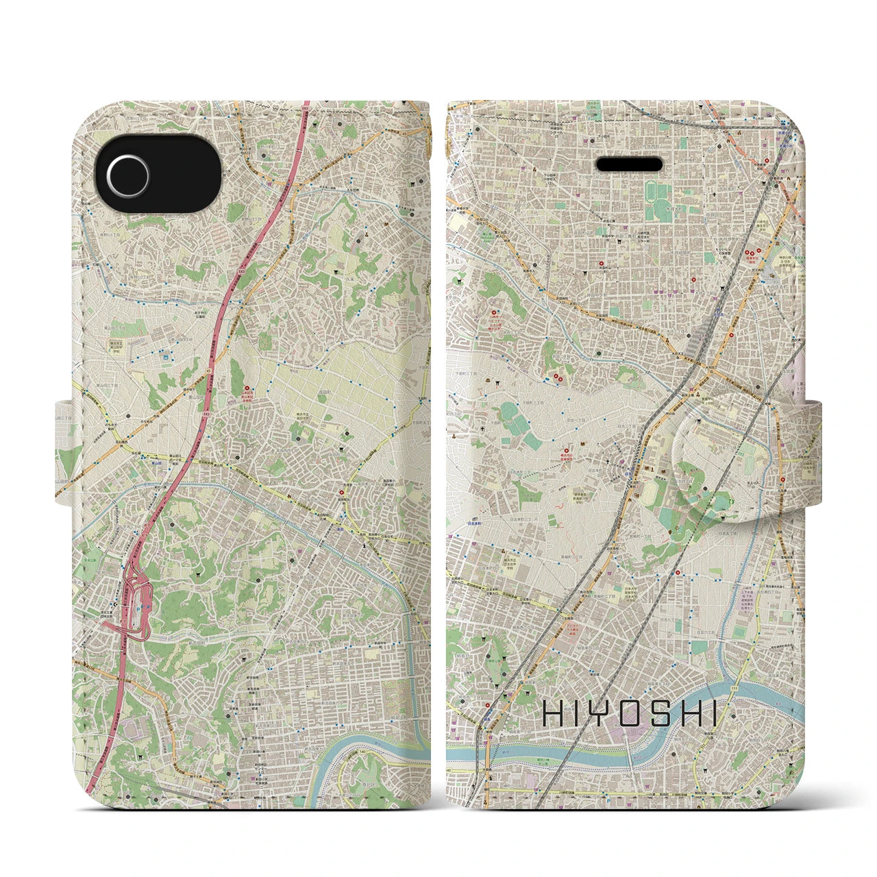 【日吉(神奈川県)】地図柄iPhoneケース(手帳タイプ)ナチュラル・iPhone SE(第3 / 第2世代) / 8 / 7 / 6s / 6 用