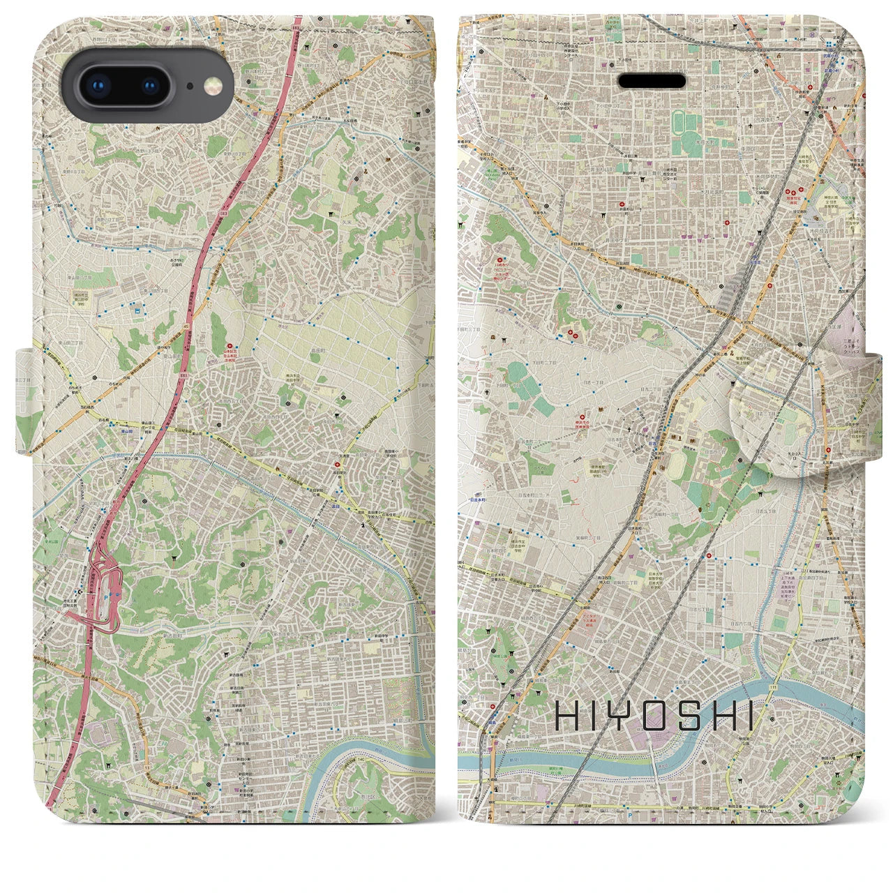 【日吉(神奈川県)】地図柄iPhoneケース(手帳タイプ)ナチュラル・iPhone 8Plus /7Plus / 6sPlus / 6Plus 用