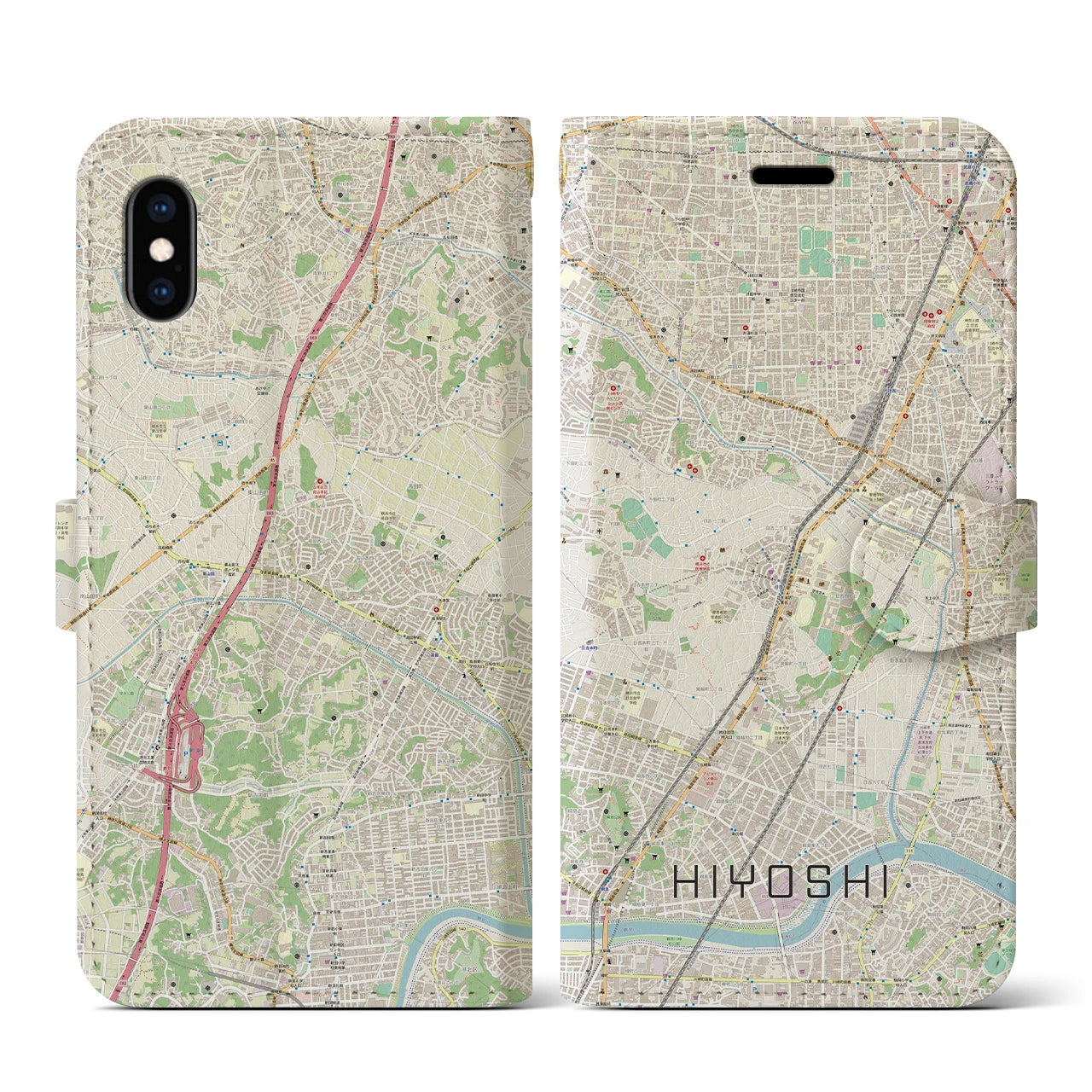 【日吉(神奈川県)】地図柄iPhoneケース(手帳タイプ)ナチュラル・iPhone XS / X 用