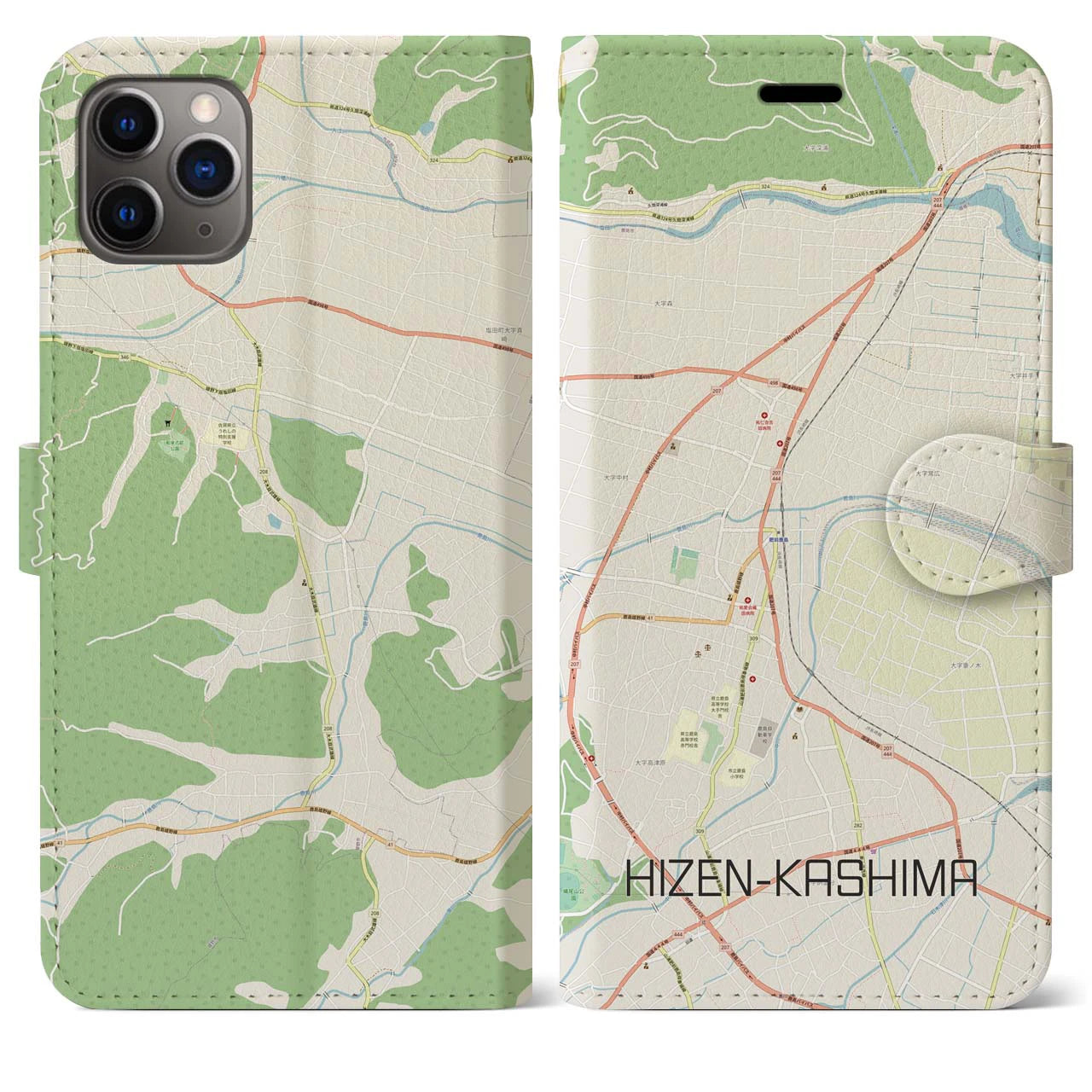 【肥前鹿島(佐賀県)】地図柄iPhoneケース(手帳タイプ)ナチュラル・iPhone 11 Pro Max 用
