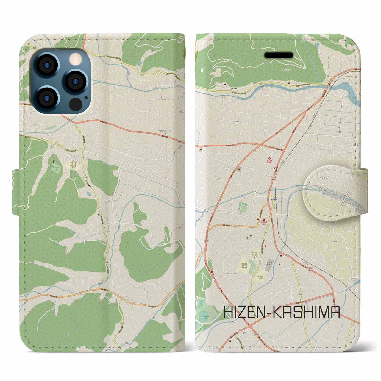 【肥前鹿島(佐賀県)】地図柄iPhoneケース(手帳タイプ)ナチュラル・iPhone 12 / 12 Pro 用
