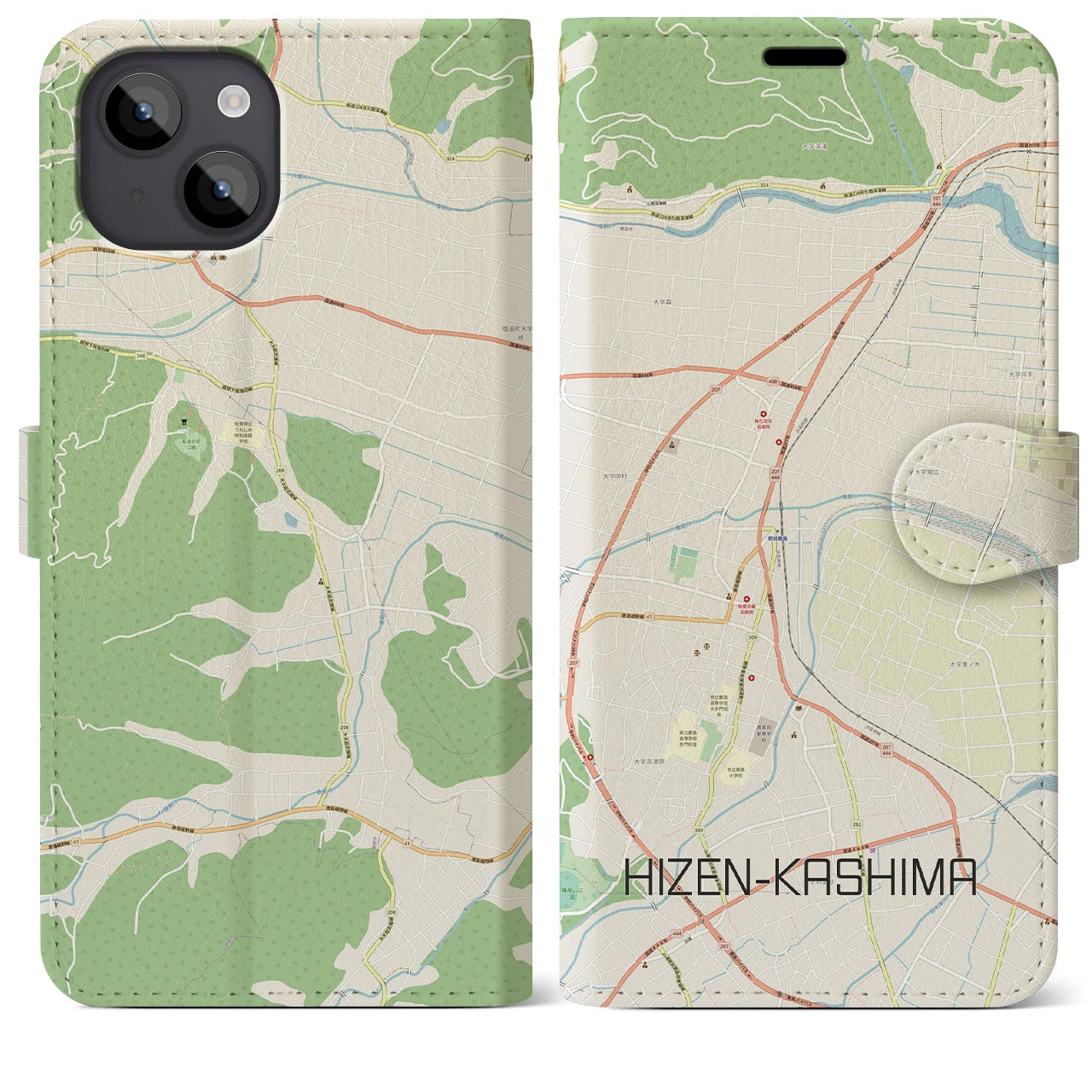【肥前鹿島(佐賀県)】地図柄iPhoneケース(手帳タイプ)ナチュラル・iPhone 14 Plus 用