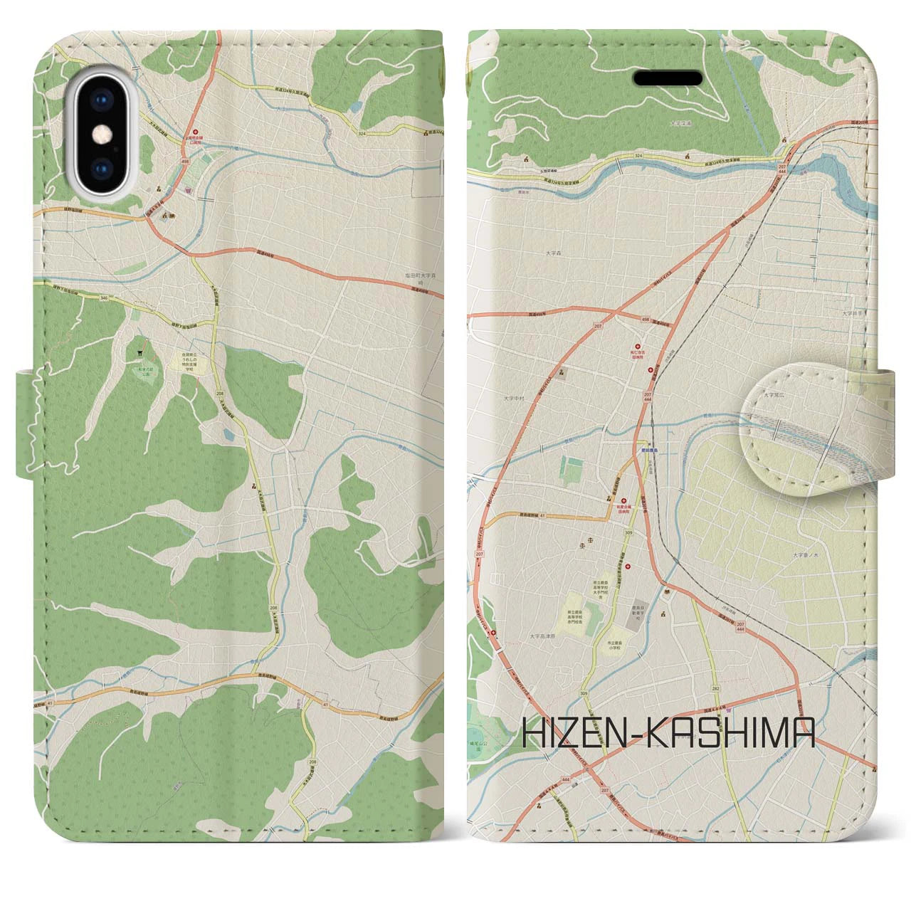 【肥前鹿島(佐賀県)】地図柄iPhoneケース(手帳タイプ)ナチュラル・iPhone XS Max 用