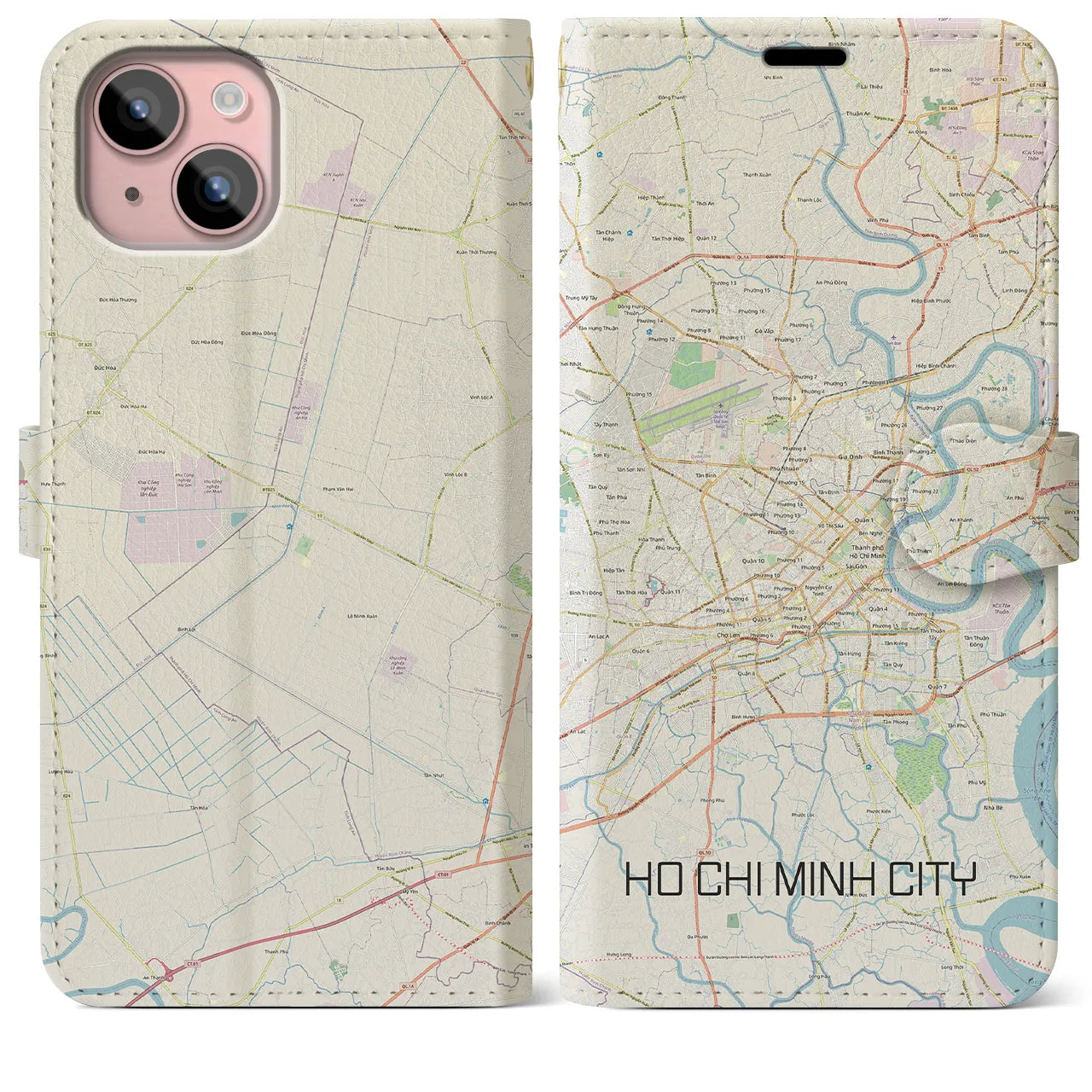 【ホーチミン(ベトナム)】地図柄iPhoneケース(手帳タイプ)ナチュラル・iPhone 15 Plus 用