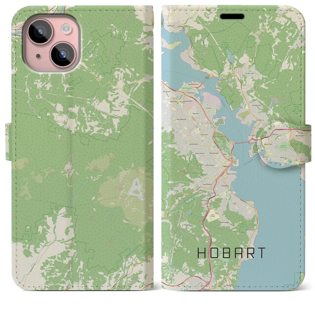 【ホバート(オーストラリア)】地図柄iPhoneケース(手帳タイプ)ナチュラル・iPhone 15 Plus 用