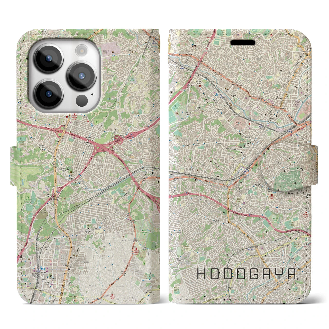 【保土ケ谷(神奈川県)】地図柄iPhoneケース(手帳タイプ)ナチュラル・iPhone 14 Pro 用