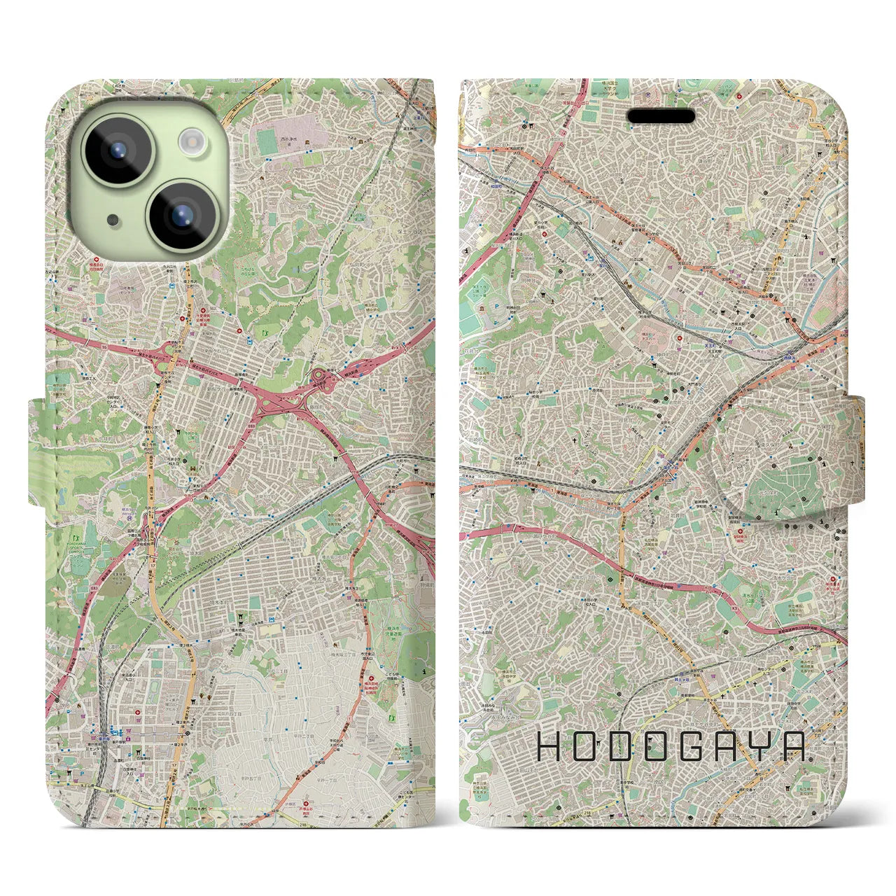 【保土ケ谷(神奈川県)】地図柄iPhoneケース(手帳タイプ)ナチュラル・iPhone 15 用