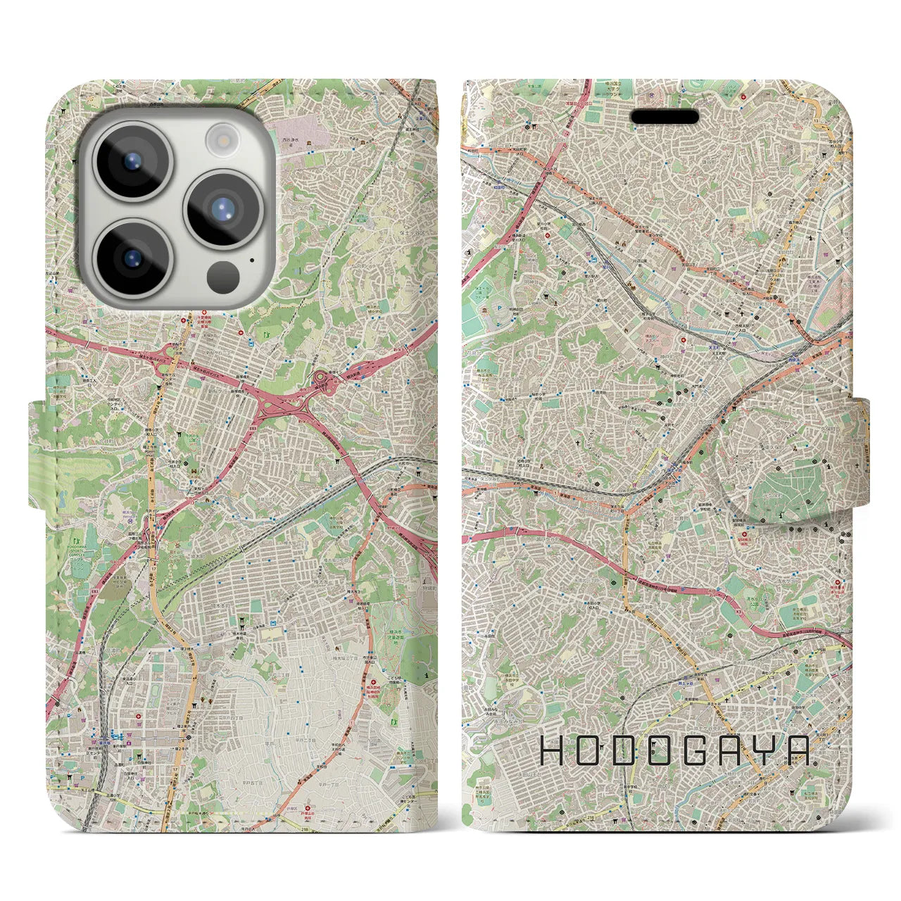 【保土ケ谷(神奈川県)】地図柄iPhoneケース(手帳タイプ)ナチュラル・iPhone 15 Pro 用
