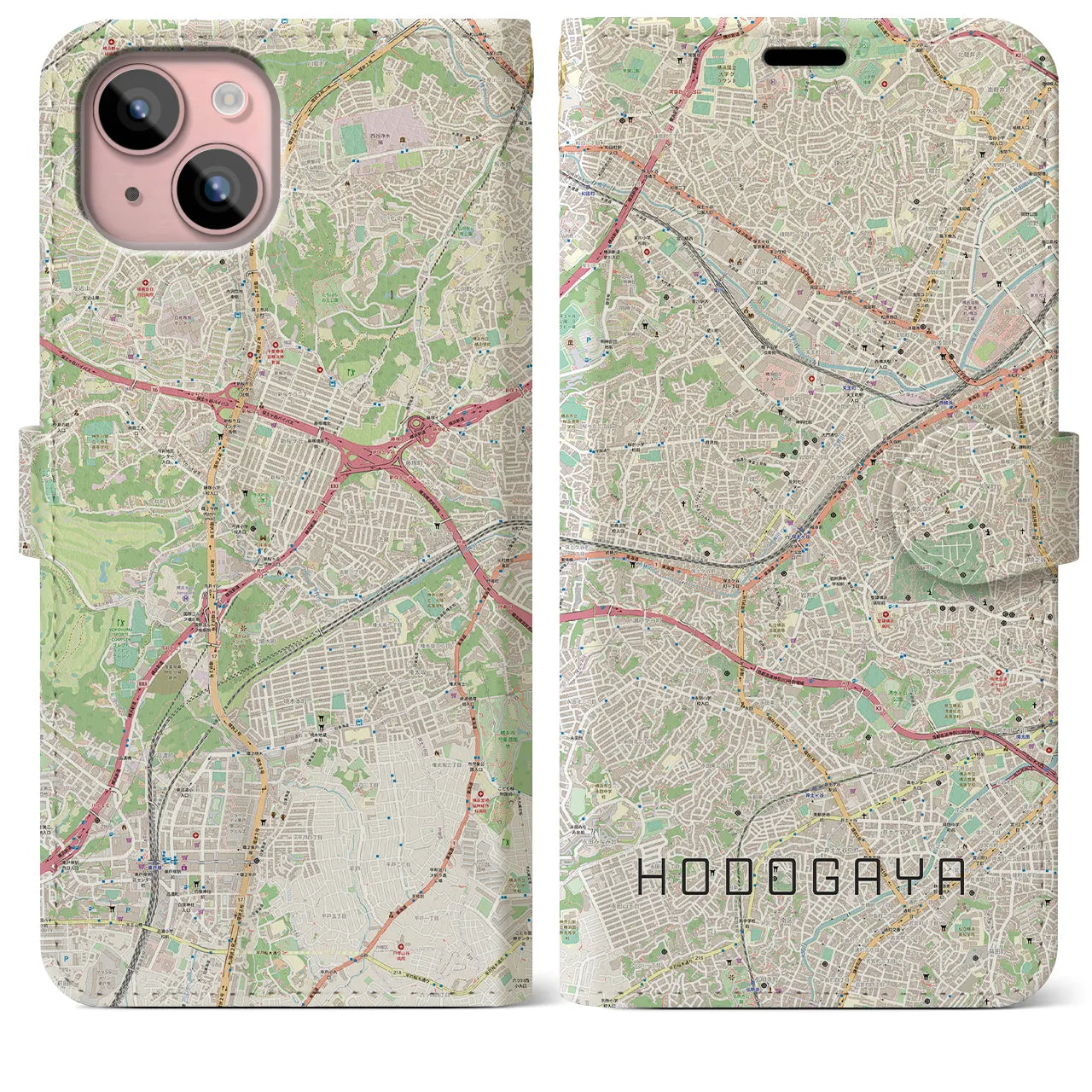 【保土ケ谷(神奈川県)】地図柄iPhoneケース(手帳タイプ)ナチュラル・iPhone 15 Plus 用