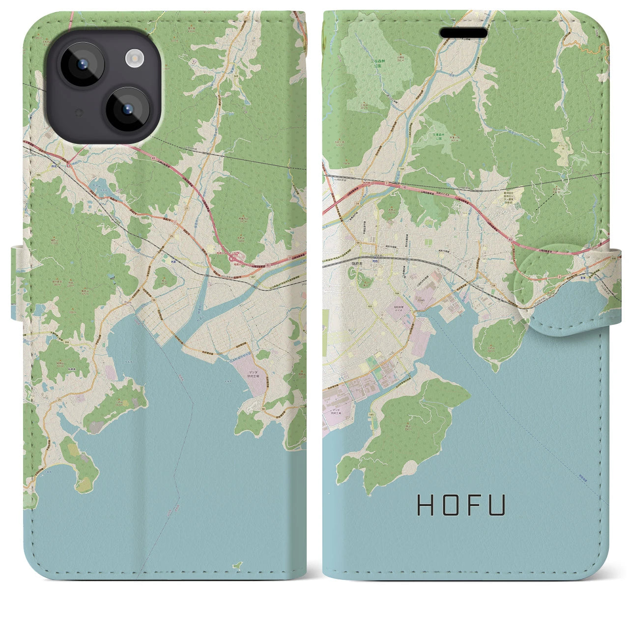 【防府(山口県)】地図柄iPhoneケース(手帳タイプ)ナチュラル・iPhone 14 Plus 用