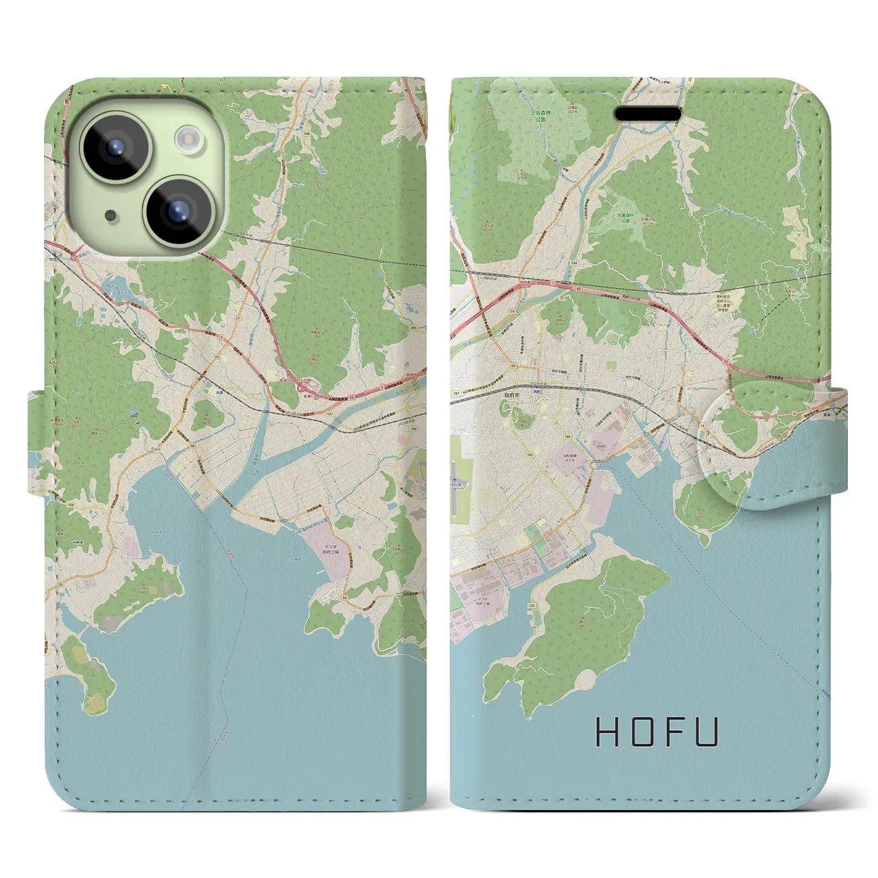【防府(山口県)】地図柄iPhoneケース(手帳タイプ)ナチュラル・iPhone 15 用