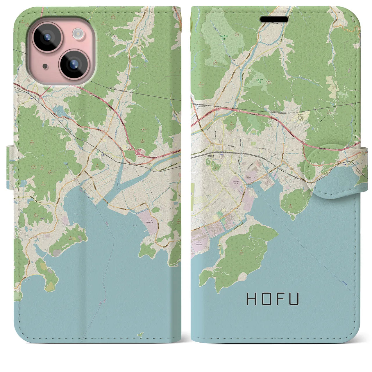 【防府(山口県)】地図柄iPhoneケース(手帳タイプ)ナチュラル・iPhone 15 Plus 用