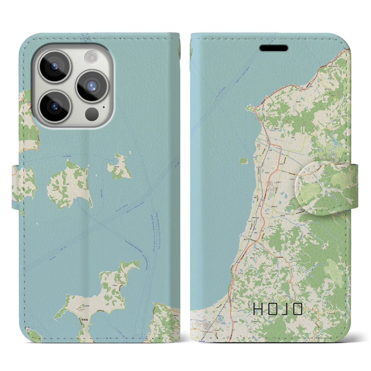 【北条(愛媛県)】地図柄iPhoneケース(手帳タイプ)ナチュラル・iPhone 15 Pro 用