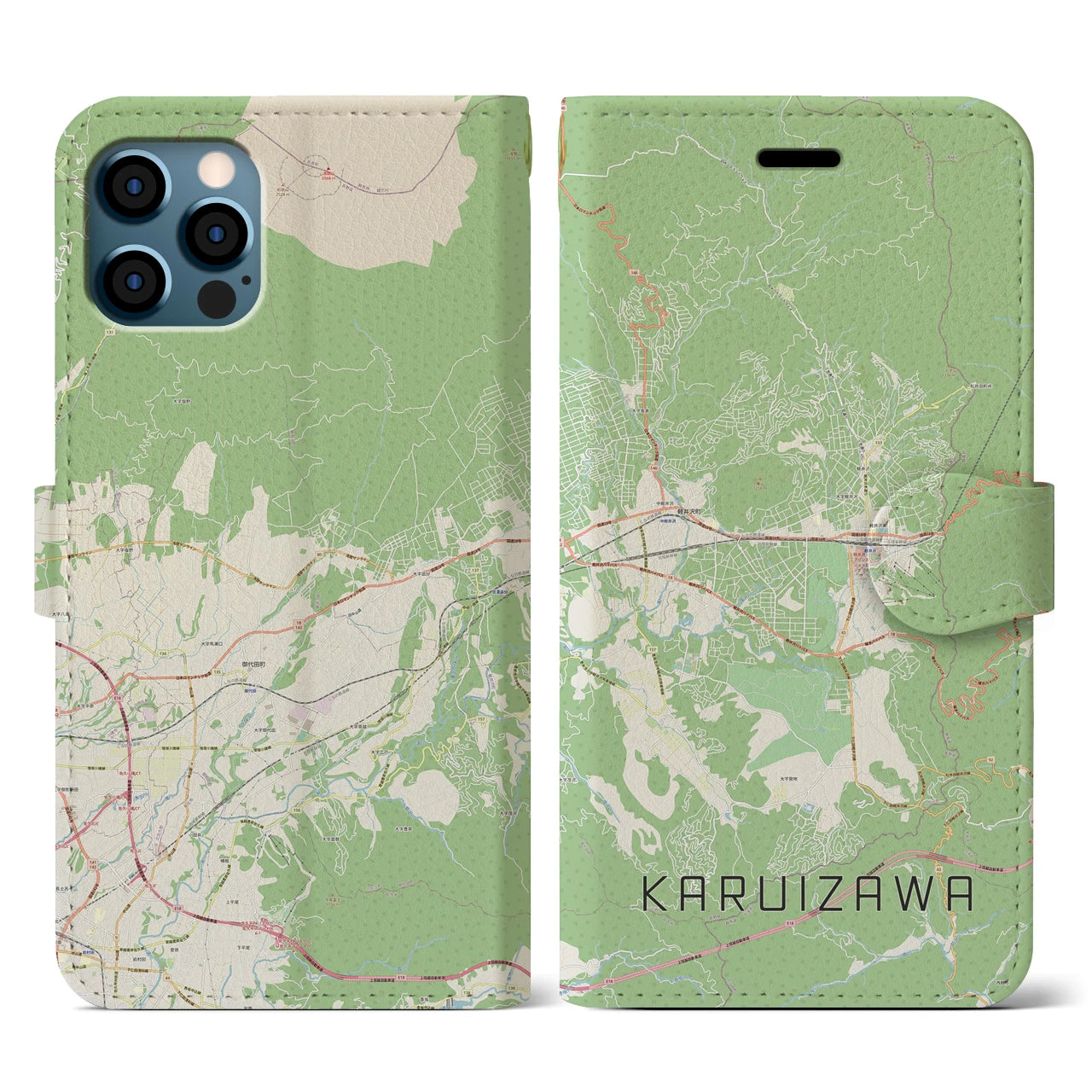 【軽井沢(長野県)】地図柄iPhoneケース(手帳タイプ)ナチュラル・iPhone 12 / 12 Pro 用