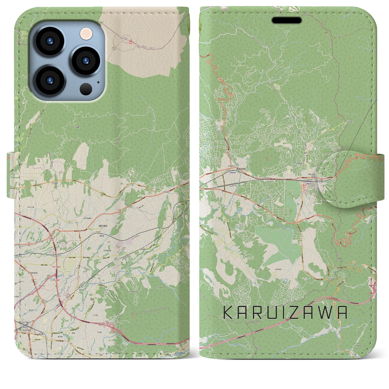 【軽井沢(長野県)】地図柄iPhoneケース(手帳タイプ)ナチュラル・iPhone 13 Pro Max 用