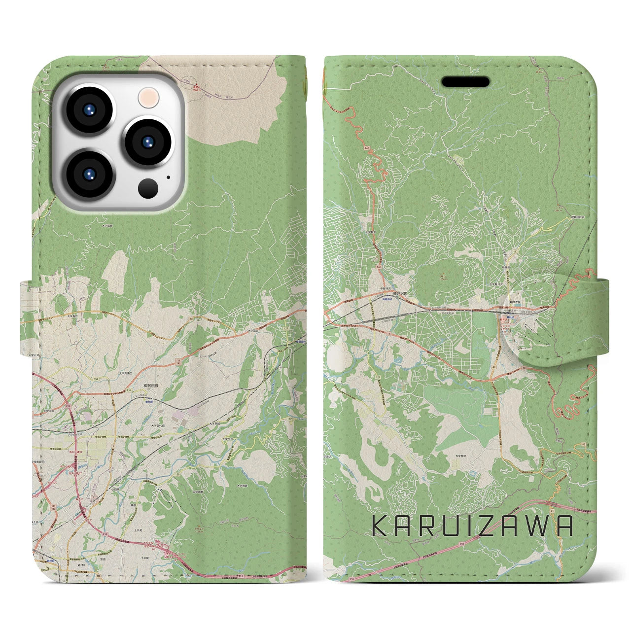 【軽井沢(長野県)】地図柄iPhoneケース(手帳タイプ)ナチュラル・iPhone 13 Pro 用