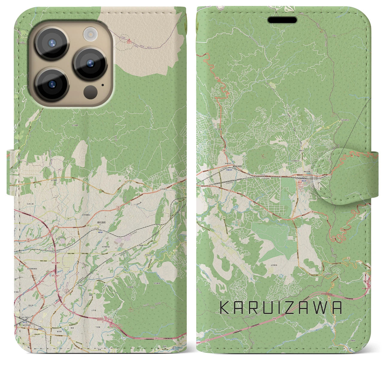 【軽井沢(長野県)】地図柄iPhoneケース(手帳タイプ)ナチュラル・iPhone 14 Pro Max 用