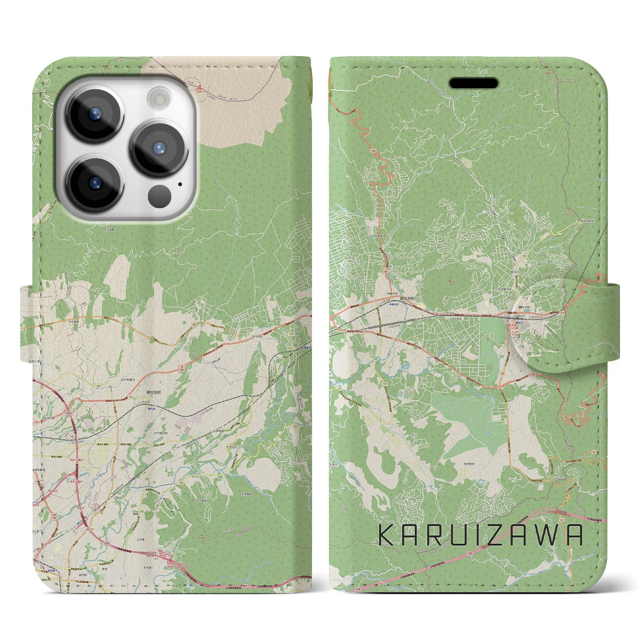 【軽井沢(長野県)】地図柄iPhoneケース(手帳タイプ)ナチュラル・iPhone 14 Pro 用