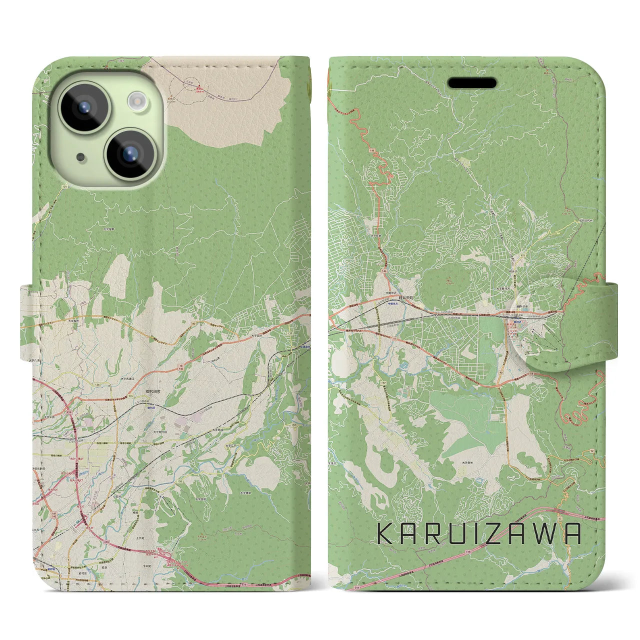 【軽井沢(長野県)】地図柄iPhoneケース(手帳タイプ)ナチュラル・iPhone 15 用