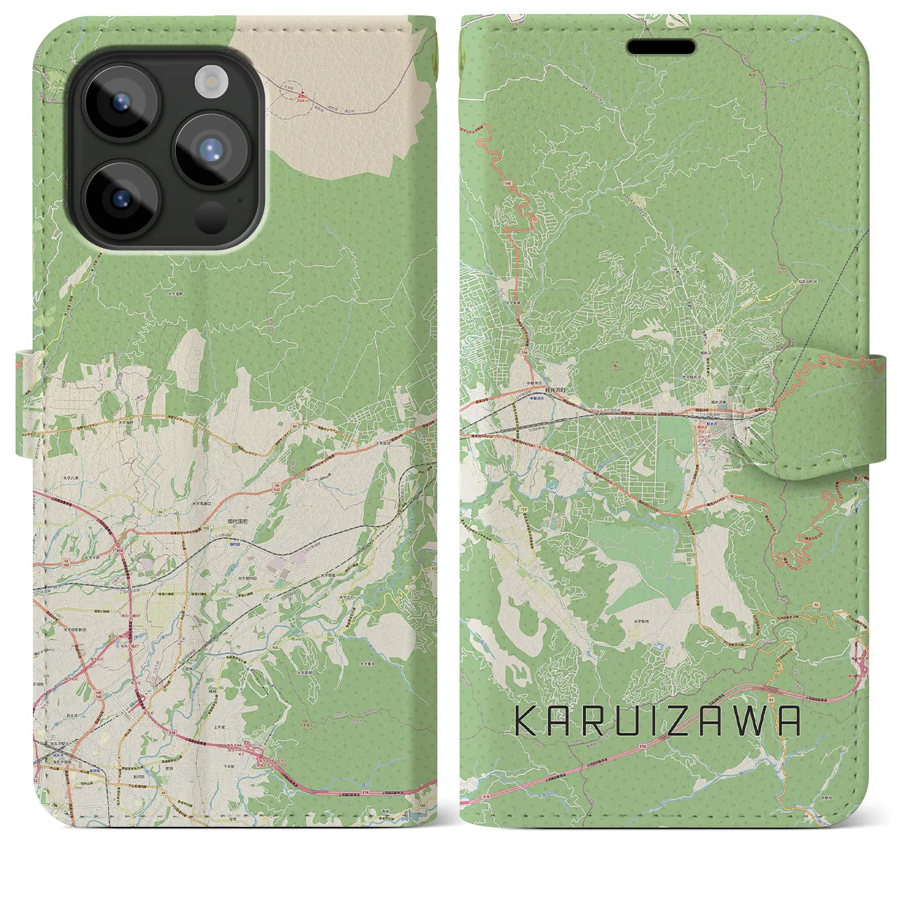 【軽井沢(長野県)】地図柄iPhoneケース(手帳タイプ)ナチュラル・iPhone 15 Pro Max 用