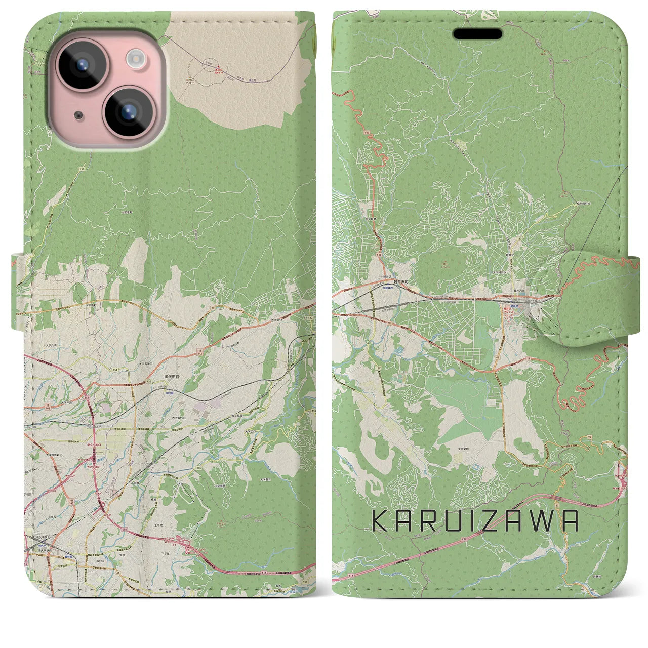 【軽井沢(長野県)】地図柄iPhoneケース(手帳タイプ)ナチュラル・iPhone 15 Plus 用