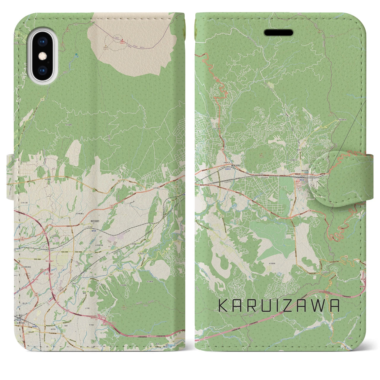 【軽井沢(長野県)】地図柄iPhoneケース(手帳タイプ)ナチュラル・iPhone XS Max 用