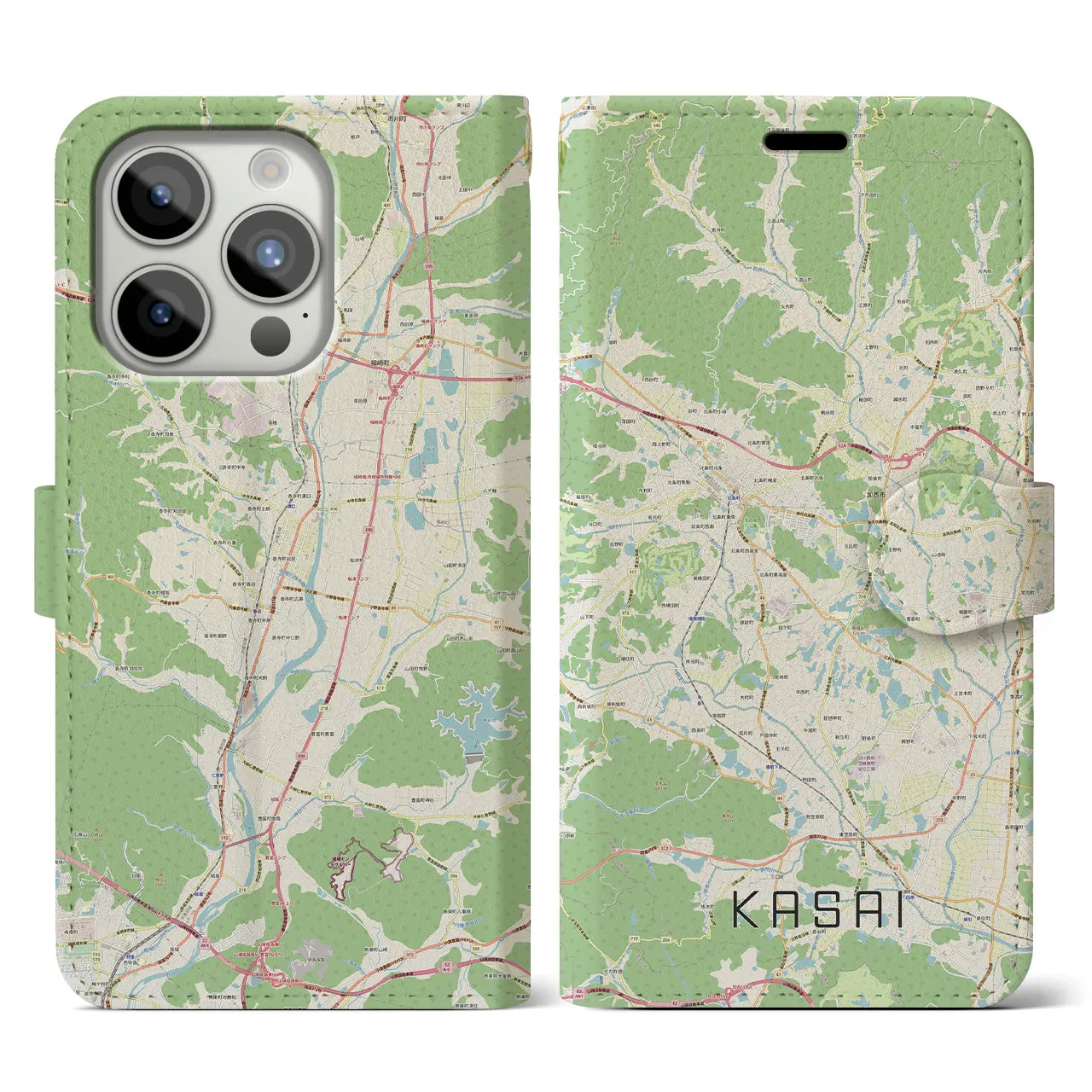 【加西(兵庫県)】地図柄iPhoneケース(手帳タイプ)ナチュラル・iPhone 15 Pro 用