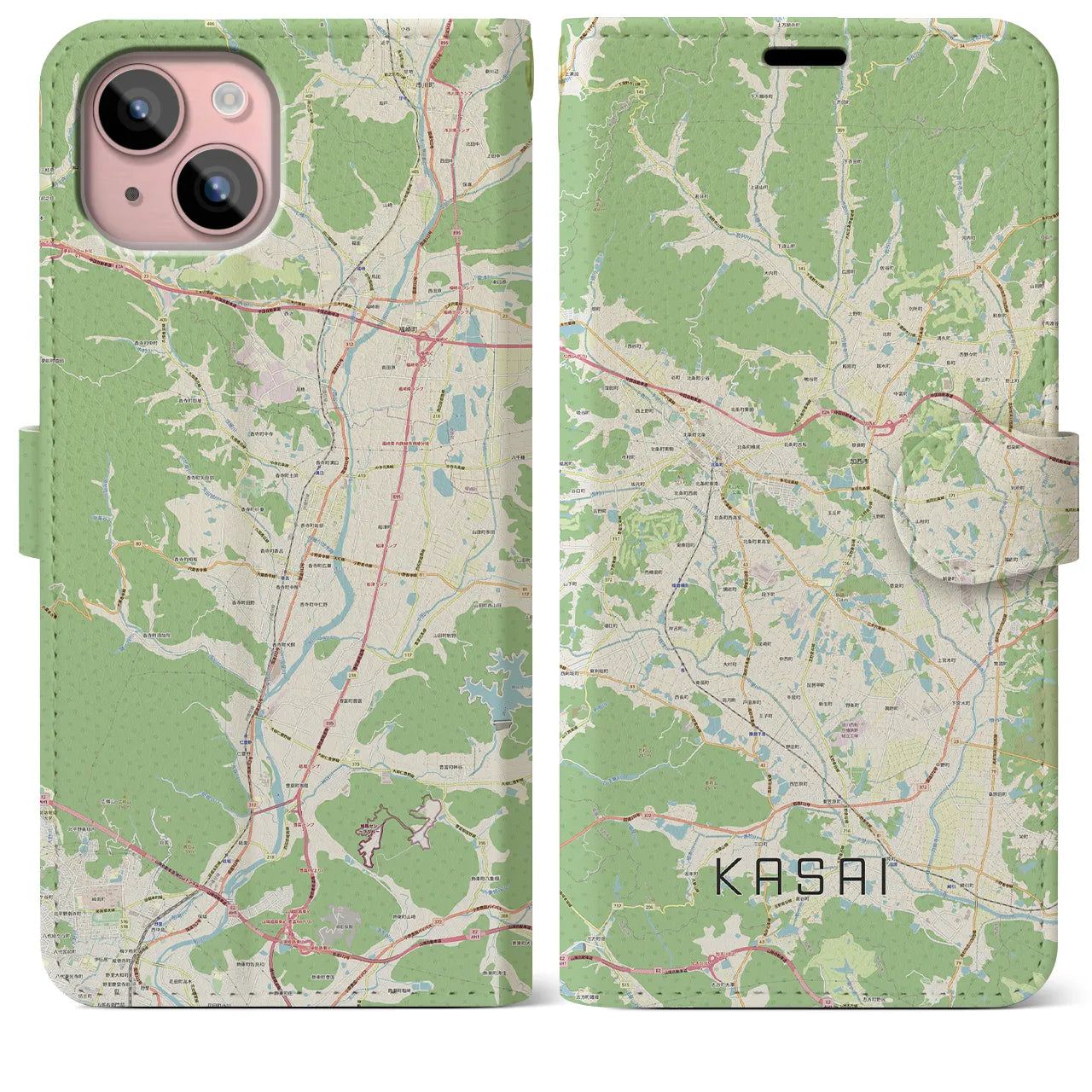 【加西(兵庫県)】地図柄iPhoneケース(手帳タイプ)ナチュラル・iPhone 15 Plus 用