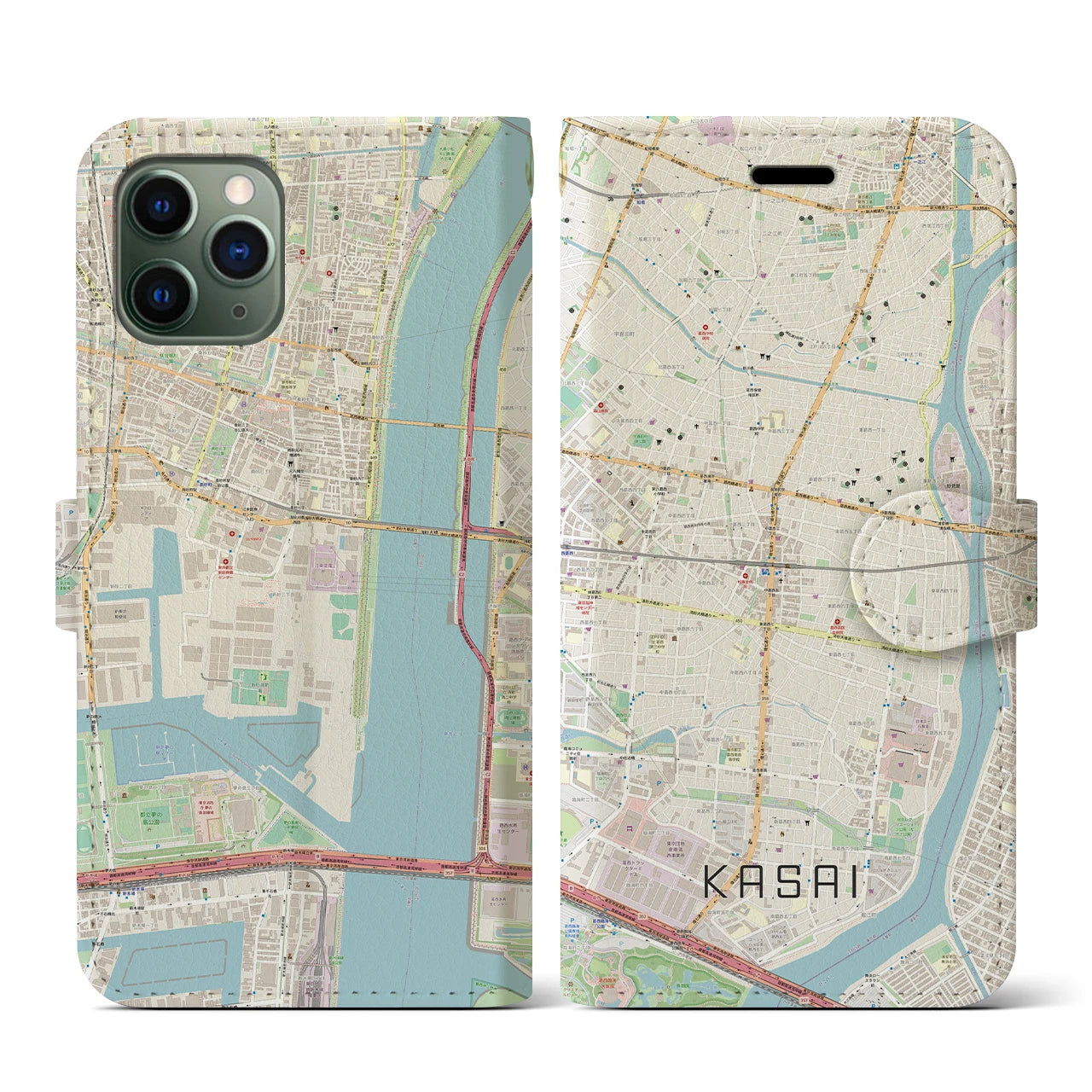 【葛西(東京都)】地図柄iPhoneケース(手帳タイプ)ナチュラル・iPhone 11 Pro 用