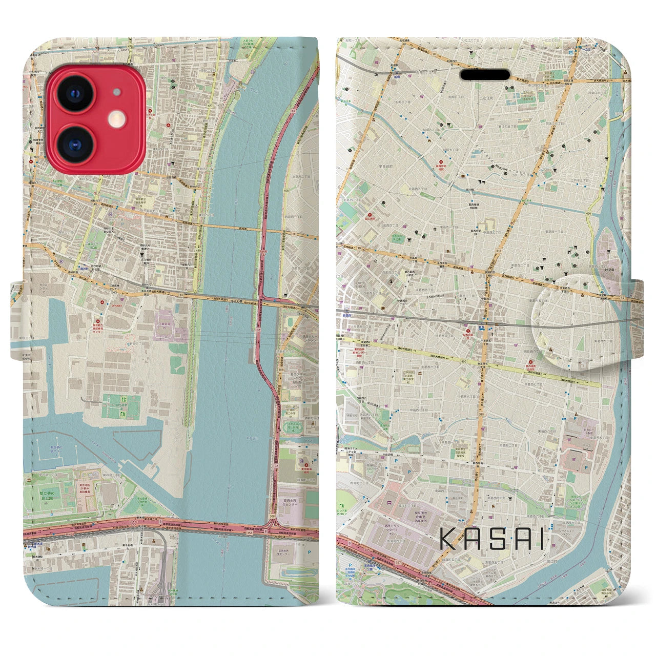 【葛西(東京都)】地図柄iPhoneケース(手帳タイプ)ナチュラル・iPhone 11 用