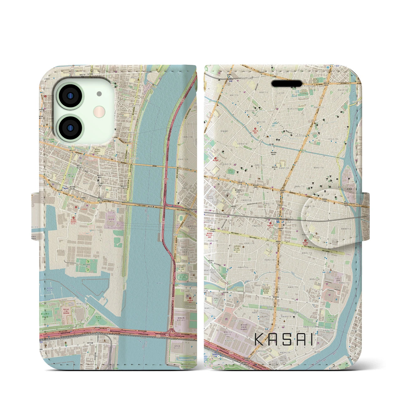 【葛西(東京都)】地図柄iPhoneケース(手帳タイプ)ナチュラル・iPhone 12 mini 用