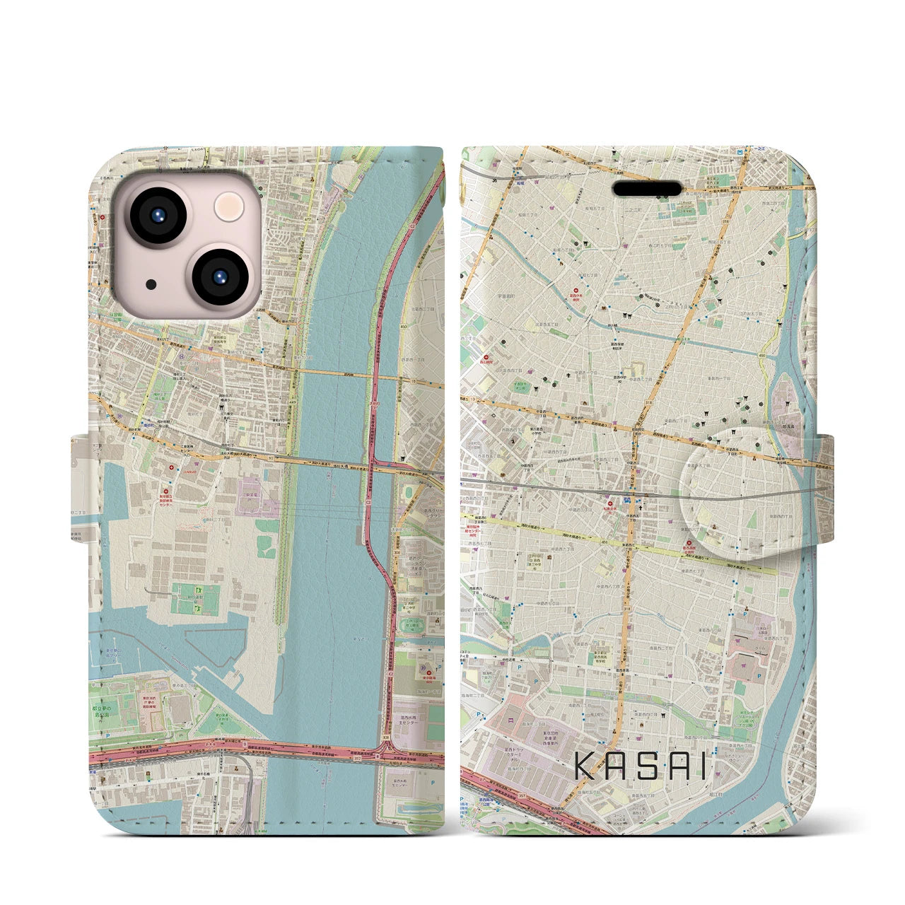 【葛西(東京都)】地図柄iPhoneケース(手帳タイプ)ナチュラル・iPhone 13 mini 用