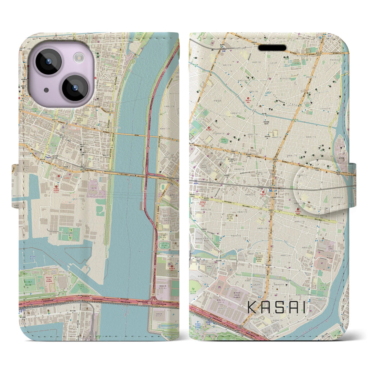 【葛西(東京都)】地図柄iPhoneケース(手帳タイプ)ナチュラル・iPhone 14 用