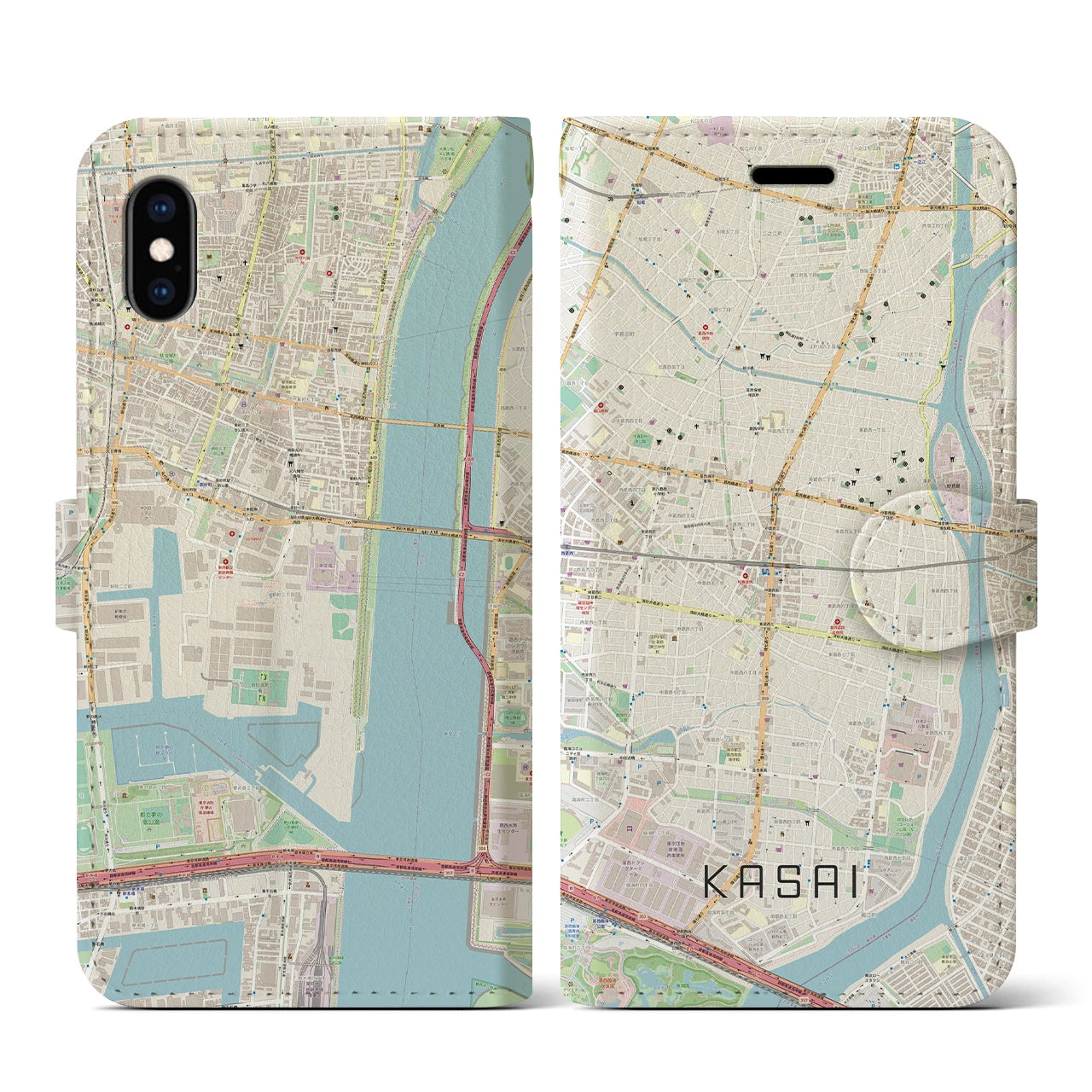 【葛西(東京都)】地図柄iPhoneケース(手帳タイプ)ナチュラル・iPhone XS / X 用