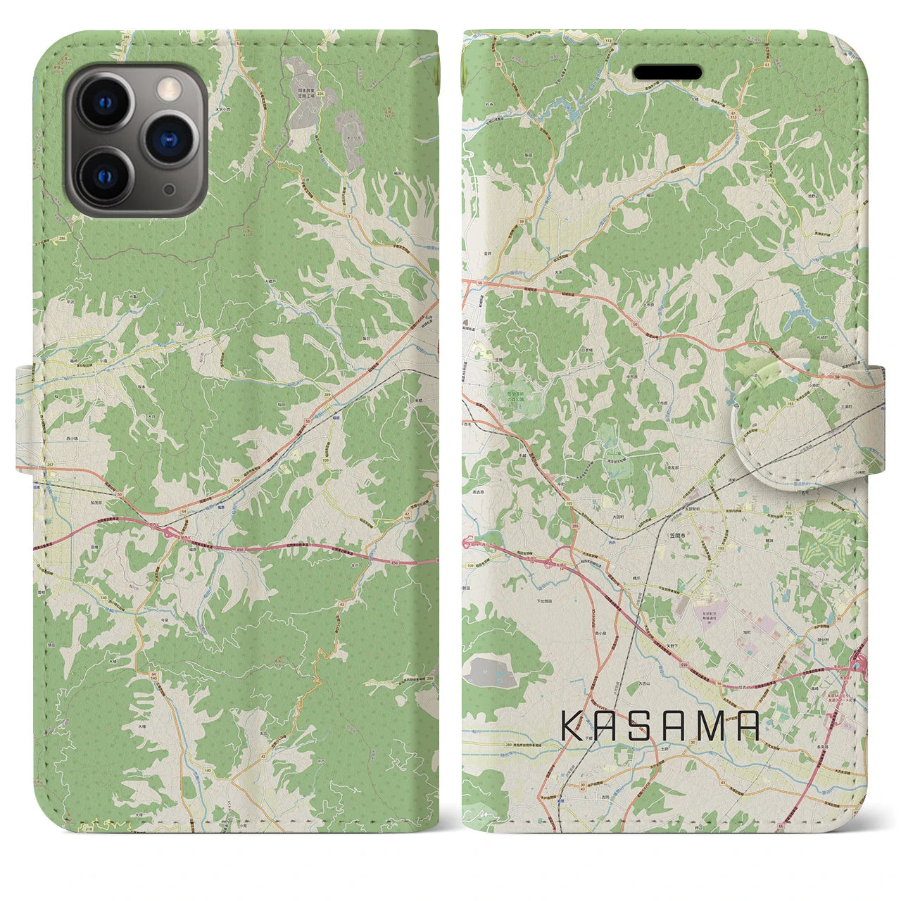 【笠間(茨城県)】地図柄iPhoneケース(手帳タイプ)ナチュラル・iPhone 11 Pro Max 用