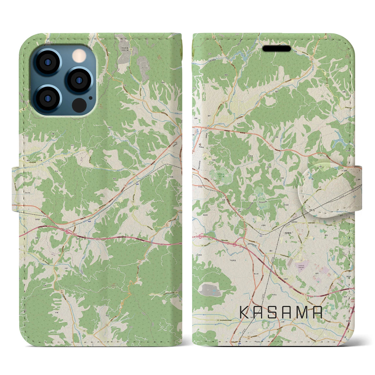 【笠間(茨城県)】地図柄iPhoneケース(手帳タイプ)ナチュラル・iPhone 12 / 12 Pro 用